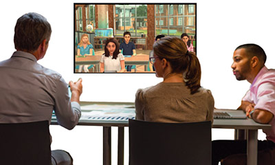 A person smiling within a TV screen.